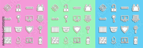 Set line Fire extinguisher, Magnifying glass Search, Paper shredder, Password protection, Old key, Flasher siren, Target sport and Lock computer monitor icon. Vector