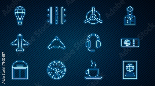 Set line Passport  Airline ticket  Plane propeller  Jet fighter  Hot air balloon  Headphones with microphone and Airport runway icon. Vector