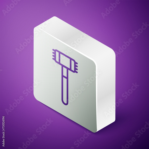Isometric line Kitchen hammer icon isolated on purple background. Meat hammer. Silver square button. Vector