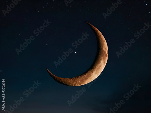 A crescent moon shining brightly in the night sky, symbolizing the start of Eid al-Fitr.