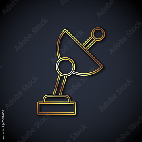 Gold line Radar icon isolated on black background. Search system. Satellite sign. Vector