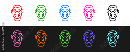 Set line Man face in a medical protective mask icon isolated on black and white background. Quarantine. Vector