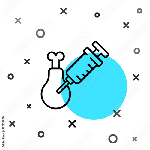 Black line Gmo research chicken icon isolated on white background. Syringe being injected to chicken. Random dynamic shapes. Vector