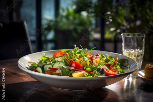Refreshing fresh salad with pecan nuts  tomato and cucumber at a vibrant bar. Healthy Mediterranean dishes.