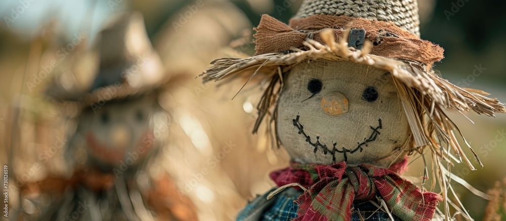 Detailed close-up photo of rural scarecrow couple. Female figure stands out, male figure blurred. Rustic appearance with straw details. Detailed close-up photo of rural scarecrow couple. Female figure stands out, male figure blurred. Rustic appearance with straw details.