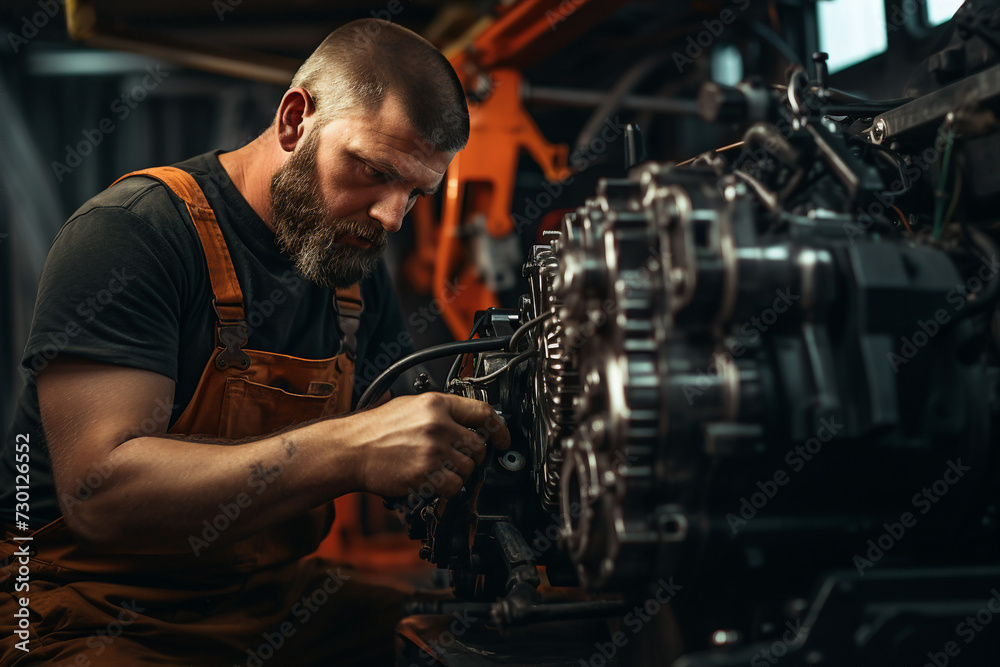 Generative ai picture of professional employee working on auto factory production line Generative ai picture of professional employee working on auto factory production line