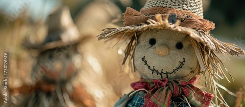 Detailed close-up photo of rural scarecrow couple. Female figure stands out, male figure blurred. Rustic appearance with straw details. © 2rogan