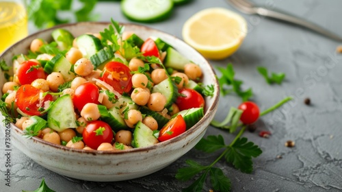 A light and healthy chickpea salad with cherry tomatoes, cucumbers, and a lemon tahini dressing