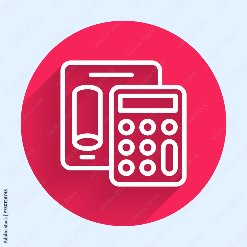 White line Calculator icon isolated with long shadow background. Accounting symbol. Business calculations mathematics education and finance. Red circle button. Vector White line Calculator icon isolated with long shadow background. Accounting symbol. Business calculations mathematics education and finance. Red circle button. Vector