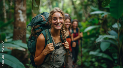 A group of friends hiking through a dense, emerald forest, backpacks on and smiles wide
