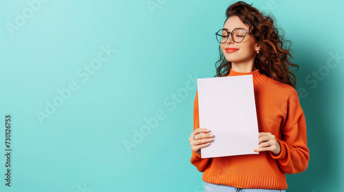  lady with expressing hope, dreams, or aspirations., holding hands paper, side white empty space poster proposing buy advert place, isolated on solid color background photo