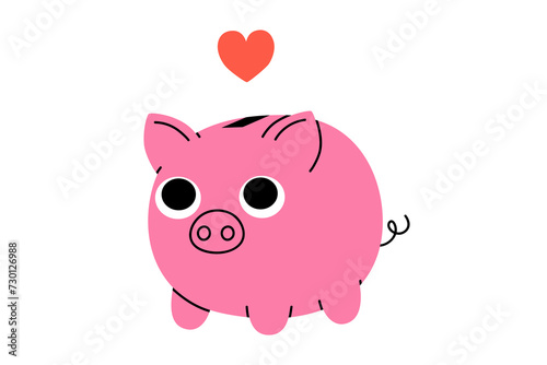 Hand drawn cute cartoon illustration of puts heart into piggy bank. Flat vector moneybox for charity donation sticker in doodle style. Valentine's Day holiday romantic mascot. Give love. Isolated.