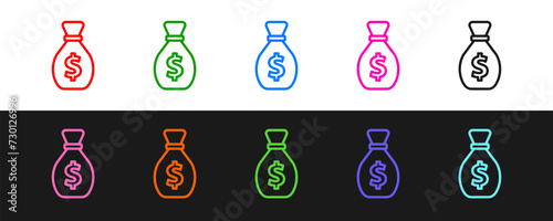 Set line Old money bag icon isolated on black and white background. Cash Banking currency sign. Vector