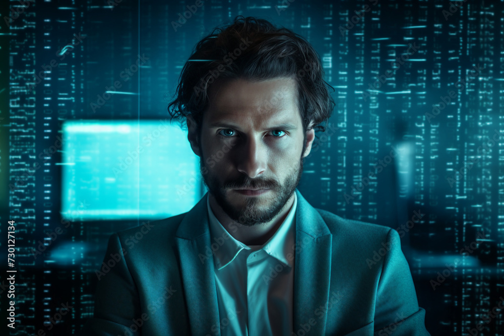 Experienced hacker in action breaking software protection server code Generative Ai image pic Experienced hacker in action breaking software protection server code Generative Ai image pic