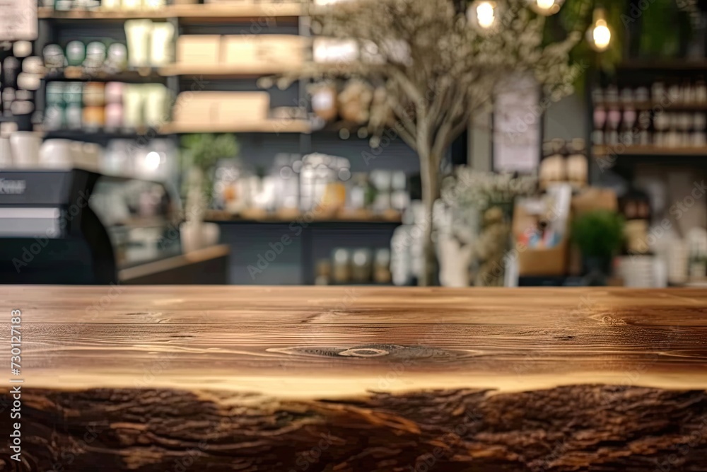 Spacious wooden table set for product display in blurred cafe or restaurant setting with counter adorned by potted plants in background scene blends modern design with touch of nature and vintage Spacious wooden table set for product display in blurred cafe or restaurant setting with counter adorned by potted plants in background scene blends modern design with touch of nature and vintage