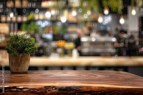 Spacious wooden table set for product display in blurred cafe or restaurant setting with counter adorned by potted plants in background scene blends modern design with touch of nature and vintage