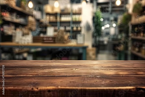 Spacious wooden table set for product display in blurred cafe or restaurant setting with counter adorned by potted plants in background scene blends modern design with touch of nature and vintage