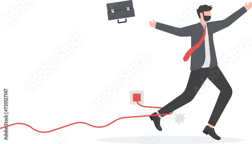 Failure or mistake, accident or surprise problem that impact business concept, clumsy businessman stumble with power cable electric plug falling on the floor.

 photo