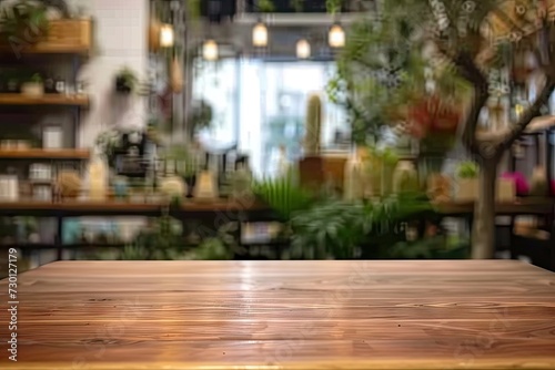 Spacious wooden table set for product display in blurred cafe or restaurant setting with counter adorned by potted plants in background scene blends modern design with touch of nature and vintage