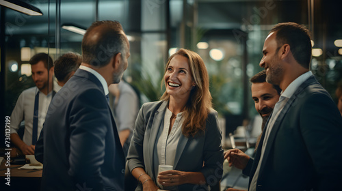 Work and Laughter: Business Professionals Standing Together, Engaging in Lively Conversations and Shared Moments of Fun