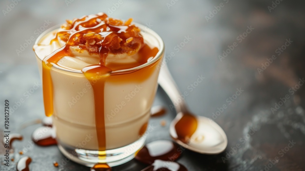A luscious butterscotch pudding served in a glass, drizzled with caramel sauce A luscious butterscotch pudding served in a glass, drizzled with caramel sauce