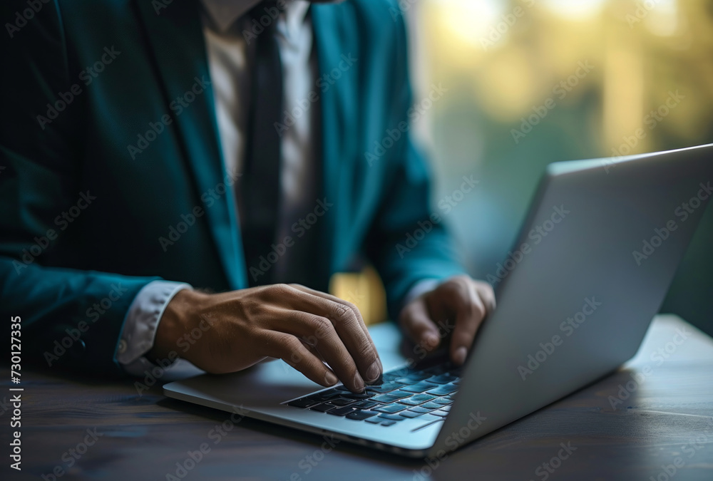 a guy in a suit is working on a laptop, in the style of light teal and dark navy a guy in a suit is working on a laptop, in the style of light teal and dark navy