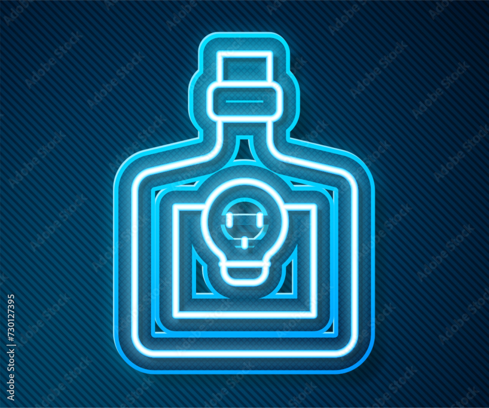 Glowing neon line Bottle with potion icon isolated on blue background. Flask with magic potion. Happy Halloween party. Vector Glowing neon line Bottle with potion icon isolated on blue background. Flask with magic potion. Happy Halloween party. Vector