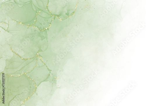 watercolor green on splash background with gold lines and brush stains alcohol ink drawing effect.wedding or birthday invitation card template.