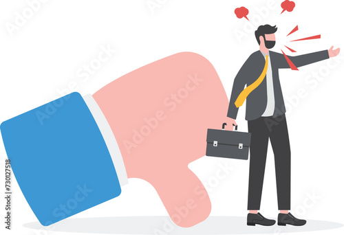 Discredit or blame other people, bullying and discourage speaking, fake news or negative feedback concept, bad businessman with megaphone discredit and blaming other people on thumb down symbol.

