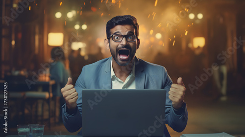 Victory Unveiled: Businessman Triumphantly Seated Behind His Laptop, Celebrating the Success of a Winning Business Deal