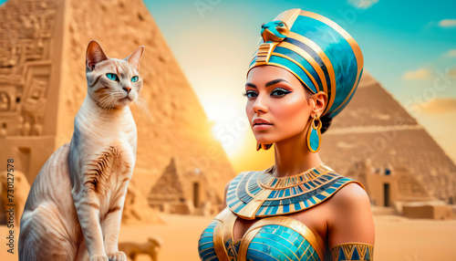 Beautiful Egyptian queen against the background of the pyramid.
