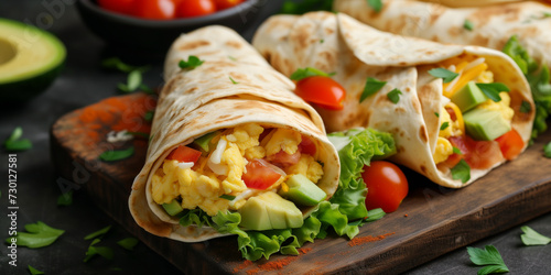 Breakfast tortilla rolls with scrambled egg avocado tomato lettuce, fresh vegetables, 