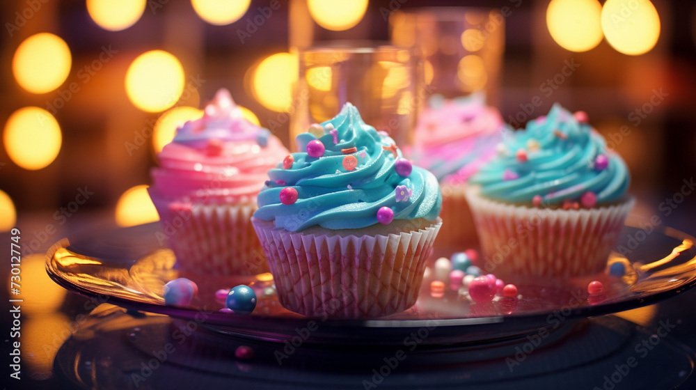  birthday cupcakes with blur background colorful balloons realistic image, ultra hd, Indulgent homemade cupcakes with multi colored icing and candy decoration