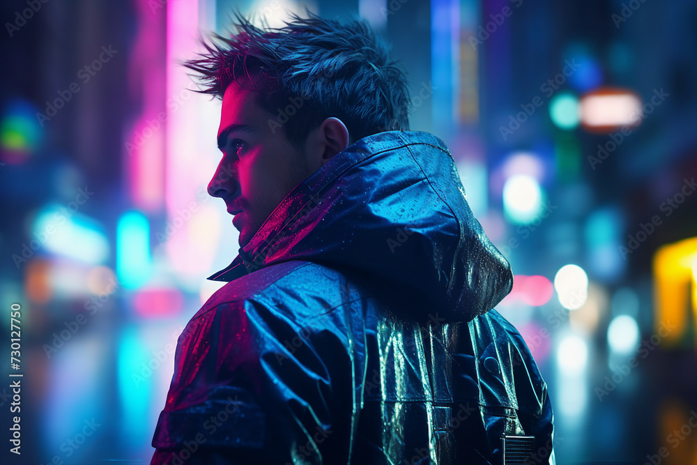 Ai generated picture image of male cyborg personage in a cyberpunk city illuminated neon colors