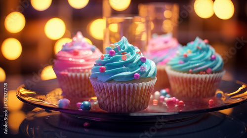  birthday cupcakes with blur background colorful balloons realistic image, ultra hd, Indulgent homemade cupcakes with multi colored icing and candy decoration © Muhammad
