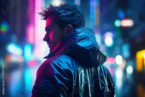 Ai generated picture image of male cyborg personage in a cyberpunk city illuminated neon colors © Tetiana