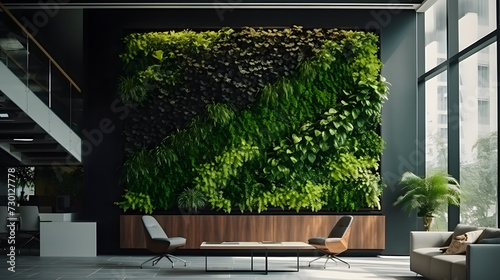Modern Elegance: Business Waiting Area with Expansive Windows and a Vertical Garden, Merging Nature and Design