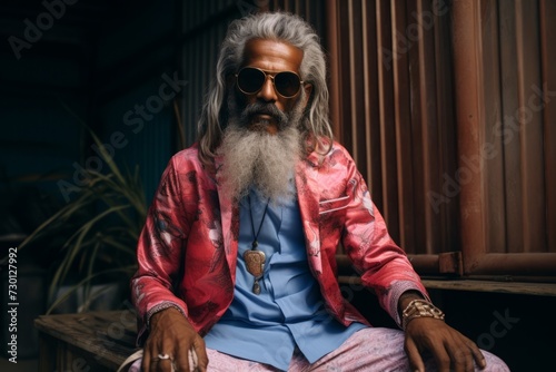 Portrait of a bearded Indian man in a red jacket and sunglasses