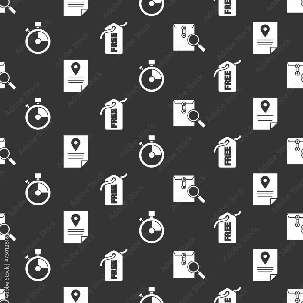 Set Envelope with magnifying glass, Document tracking marker system, Fast time delivery and Price tag with Free on seamless pattern. Vector Set Envelope with magnifying glass, Document tracking marker system, Fast time delivery and Price tag with Free on seamless pattern. Vector