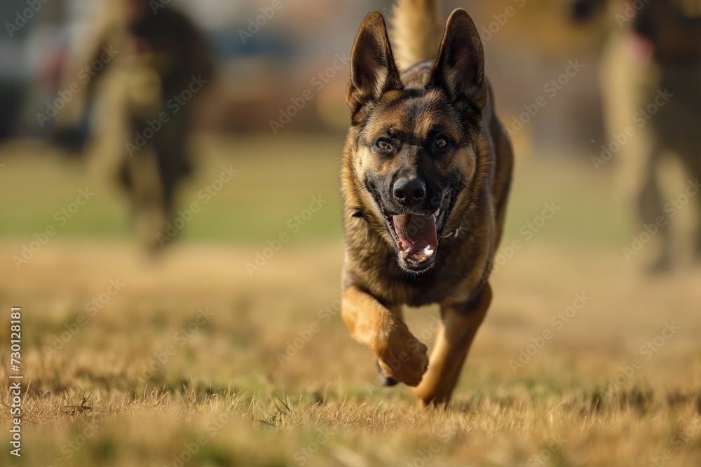 A stunning German Shepherd, displaying elegance and power, runs with boundless energy in a beautiful golden field.