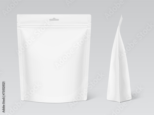 Realistic stand up pouch bag with hang slot mockup with shadow. Front and side view. Vector illustration isolated on grey background. Easy to make a realistic mockup of your product. EPS10.