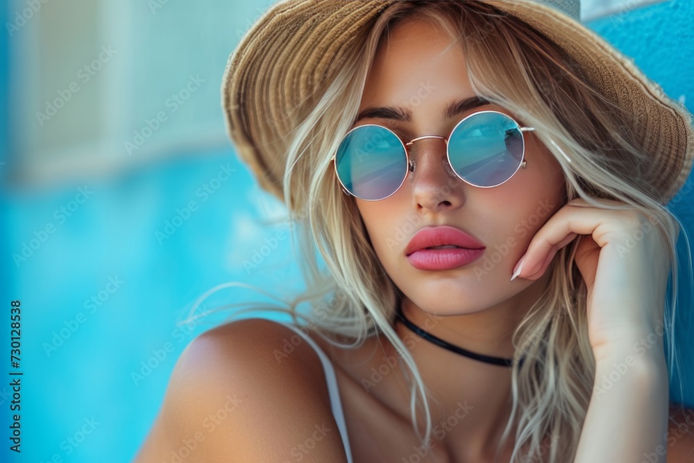 a girl sitting in sunglasses with lipstick on her lips a girl sitting in sunglasses with lipstick on her lips