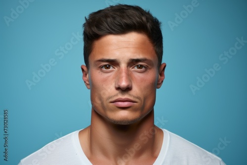 Portrait of a handsome young man in white t-shirt on blue background
