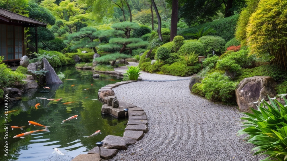 A Japanese tea garden with perfectly raked gravel paths and a serene koi pond A Japanese tea garden with perfectly raked gravel paths and a serene koi pond