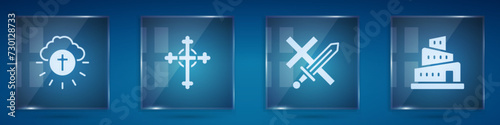 Set Religious cross in circle, Christian, Crusade and Babel tower bible story. Square glass panels. Vector