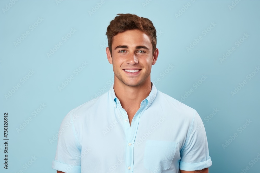 Handsome young man in a blue shirt on a blue background Handsome young man in a blue shirt on a blue background
