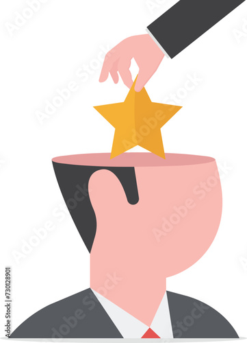 Brand recognition, marketing idea to launch ads and advertising, commercial trademark or brand loyalty, consumer recognize brand, businessman holding star climb up ladder to put into consumer brain.

