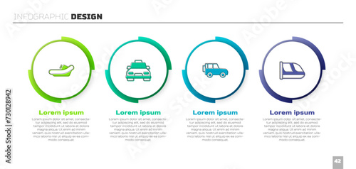 Set Rafting boat, Taxi car, Off road and Train and railway. Business infographic template. Vector