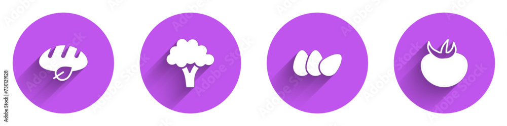Set Vegan bread loaf, Broccoli, Chicken egg and Tomato icon with long shadow. Vector Set Vegan bread loaf, Broccoli, Chicken egg and Tomato icon with long shadow. Vector