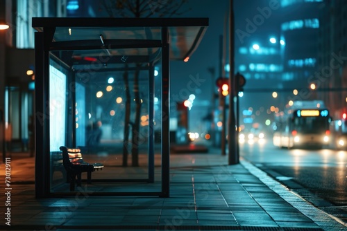 City at Night: Public Transport Stop with Copy Space